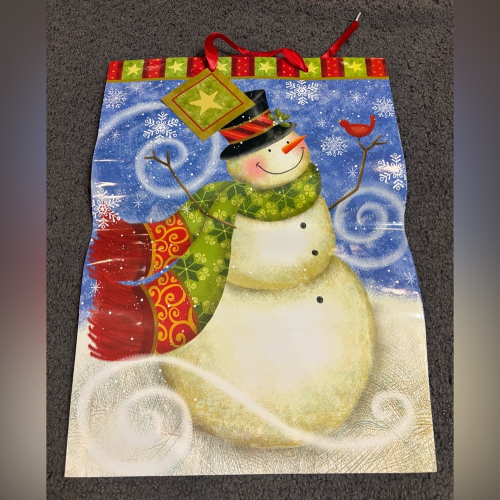 Voila Snowman Gift Bag Blue White 13” x 18” x 5”